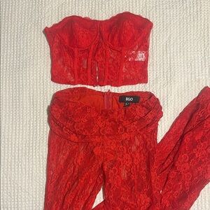 EGO Vibrant Red Lace Bustier and Pants Set